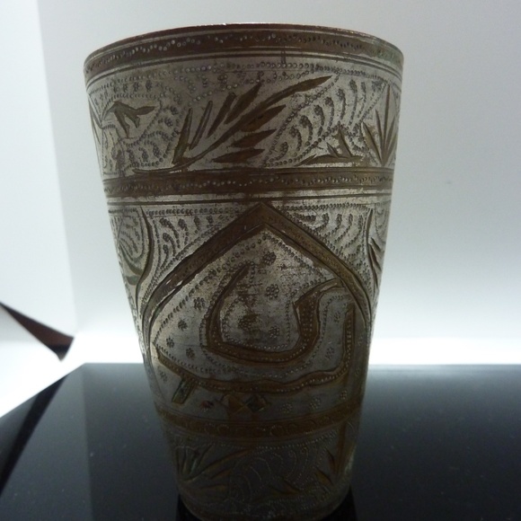 Antique OldJERUSALEM Hand Carved Brass Engraved Lassi CUPNickle Plated Cup